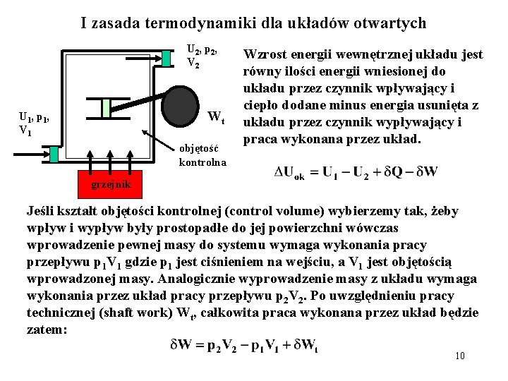 I zasada termodynamiki dla układów otwartych U 2, p 2, V 2 Wt U