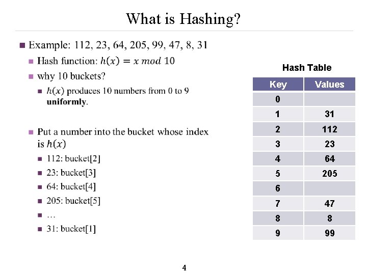 What is Hashing? n Hash Table Key Values 0 1 31 2 112 3