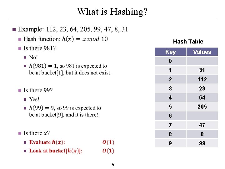 What is Hashing? n Hash Table Key Values 0 1 31 2 112 3