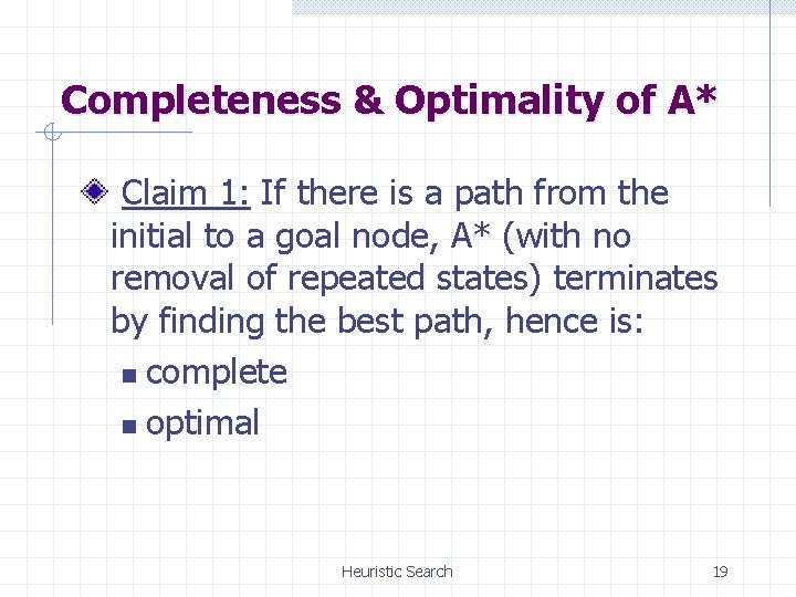 Completeness & Optimality of A* Claim 1: If there is a path from the