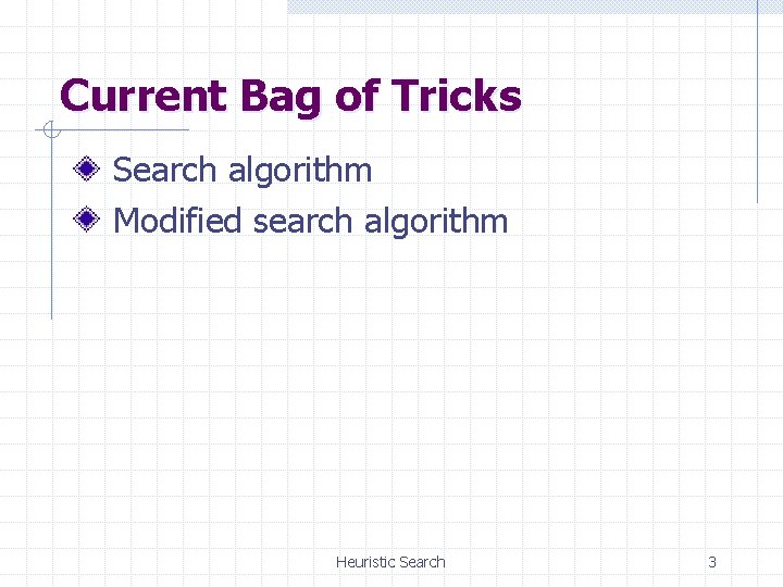 Current Bag of Tricks Search algorithm Modified search algorithm Heuristic Search 3 
