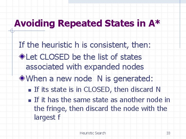 Avoiding Repeated States in A* If the heuristic h is consistent, then: Let CLOSED