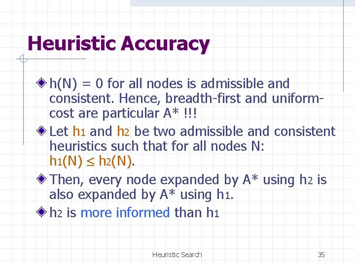 Heuristic Accuracy h(N) = 0 for all nodes is admissible and consistent. Hence, breadth-first