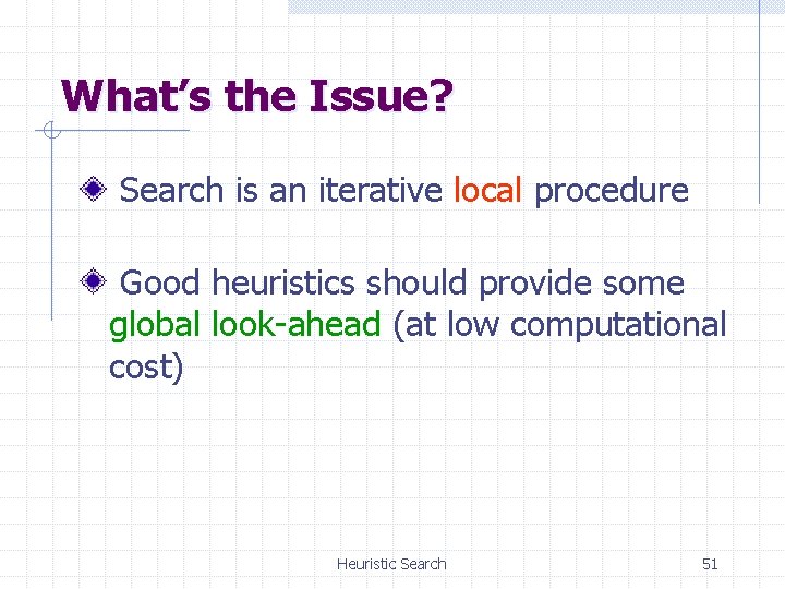What’s the Issue? Search is an iterative local procedure Good heuristics should provide some