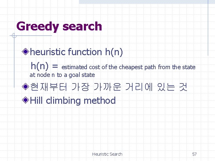 Greedy search heuristic function h(n) = estimated cost of the cheapest path from the