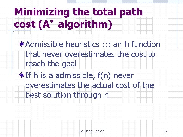 Minimizing the total path cost (A* algorithm) Admissible heuristics : : : an h
