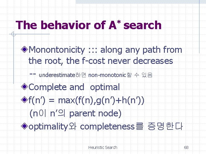 The behavior of A* search Monontonicity : : : along any path from the