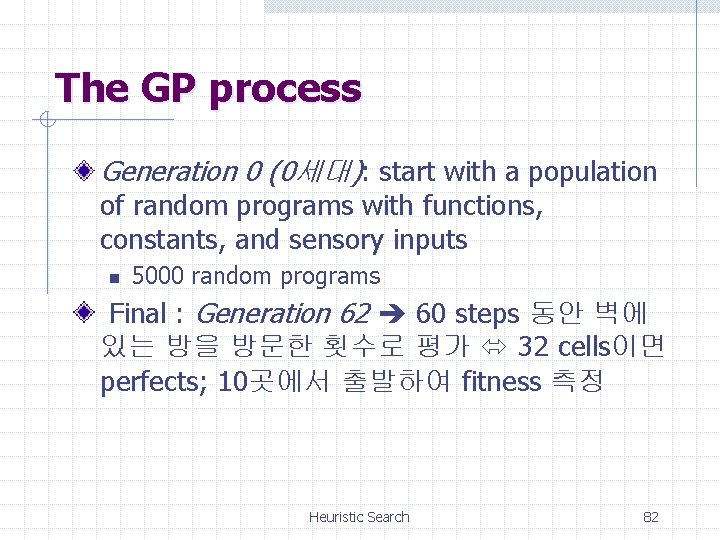 The GP process Generation 0 (0세대): start with a population of random programs with