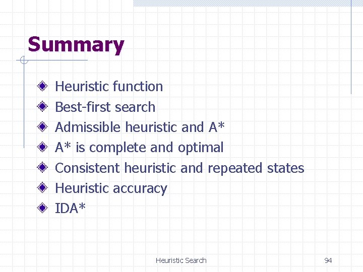 Summary Heuristic function Best-first search Admissible heuristic and A* A* is complete and optimal