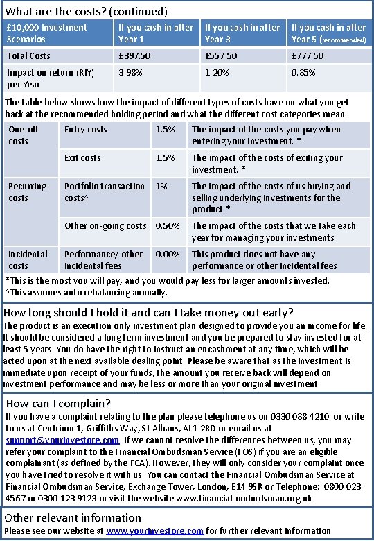 What are the costs? (continued) £ 10, 000 Investment Scenarios If you cash in