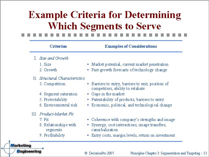 Example Criteria for Determining Which Segments to Serve Criterion Examples of Considerations I. Size