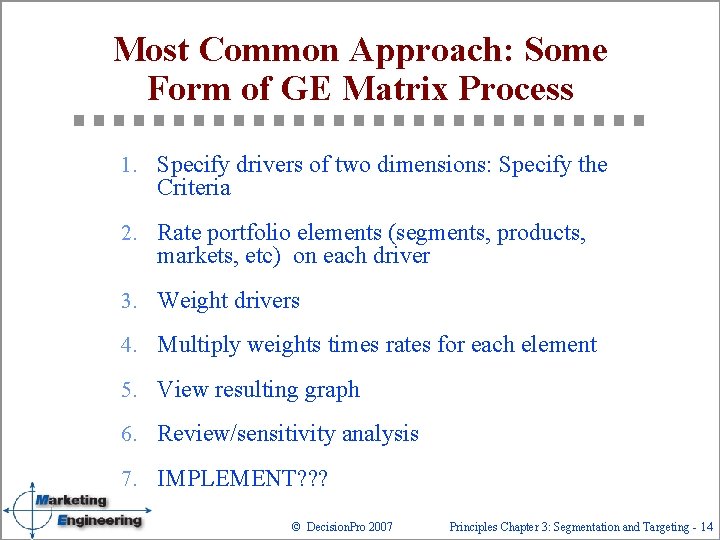 Most Common Approach: Some Form of GE Matrix Process 1. Specify drivers of two