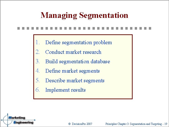 Managing Segmentation 1. 2. 3. 4. 5. 6. Define segmentation problem Conduct market research