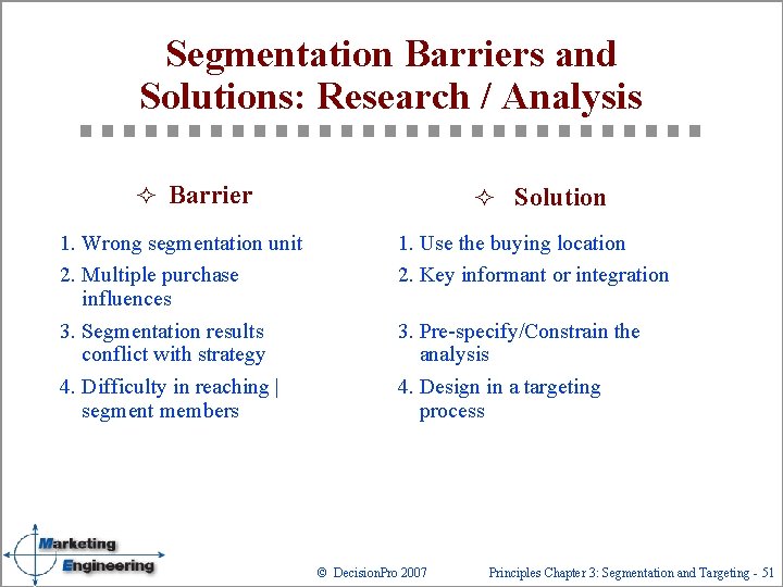 Segmentation Barriers and Solutions: Research / Analysis ² Barrier 1. Wrong segmentation unit 2.