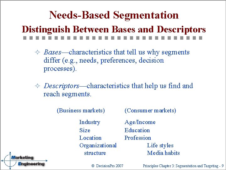 Needs-Based Segmentation Distinguish Between Bases and Descriptors ² Bases—characteristics that tell us why segments