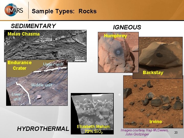 Sample Types: Rocks SEDIMENTARY Melas Chasma Endurance Crater IGNEOUS Humphrey Upper unit Backstay Middle