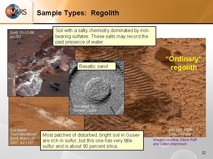 Sample Types: Regolith Spirit, 01 -12 -06; sol 721 Soil with a salty chemistry