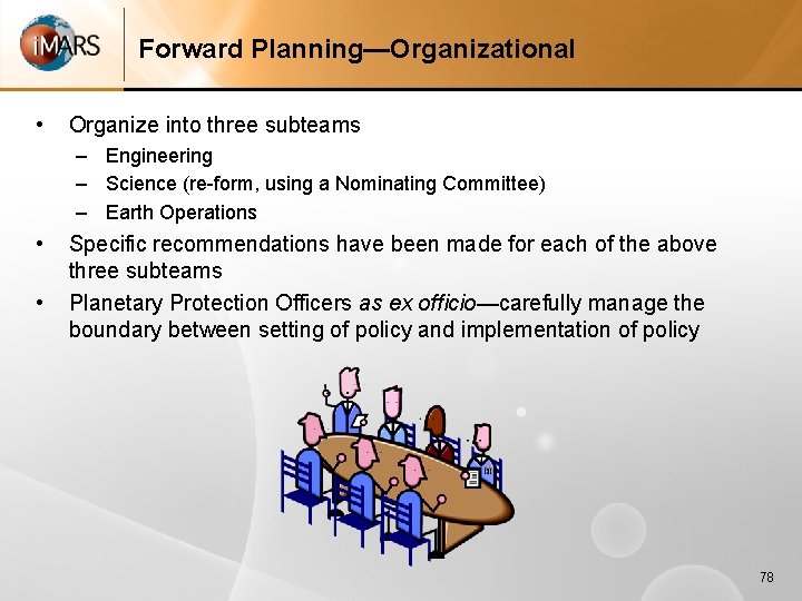 Forward Planning—Organizational • Organize into three subteams – Engineering – Science (re-form, using a