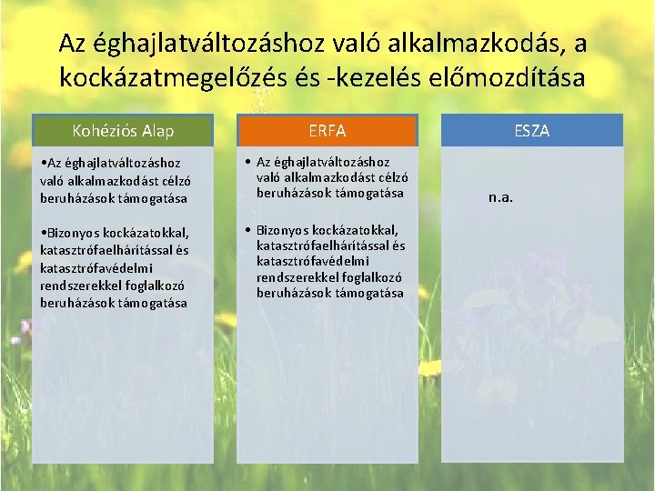 Az éghajlatváltozáshoz való alkalmazkodás, a kockázatmegelőzés és -kezelés előmozdítása Kohéziós Alap ERFA • Az