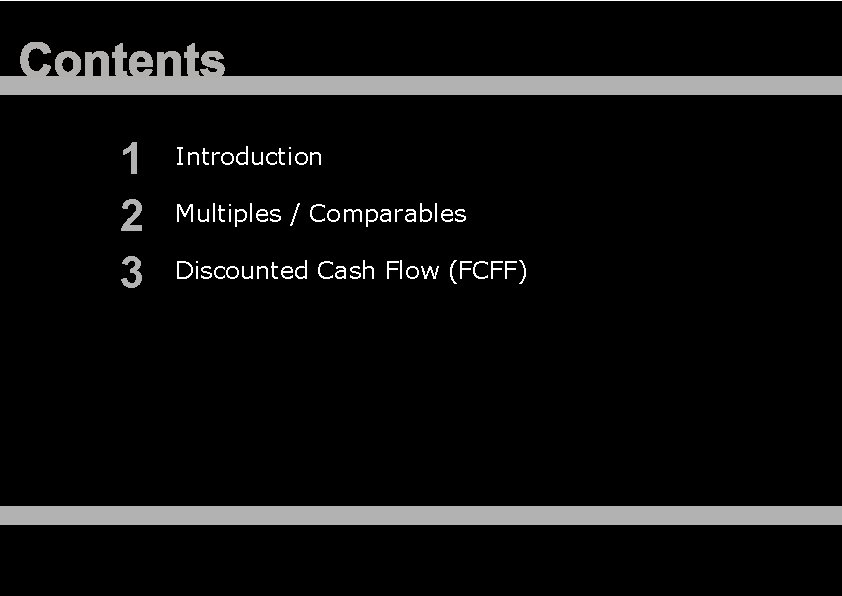 1 2 3 Introduction Multiples / Comparables Discounted Cash Flow (FCFF) 