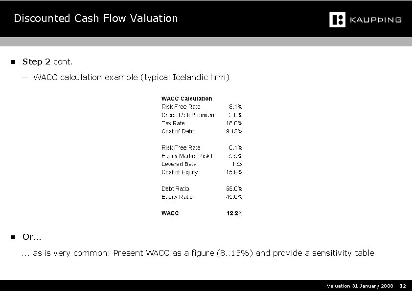 Discounted Cash Flow Valuation n Step 2 cont. ― WACC calculation example (typical Icelandic