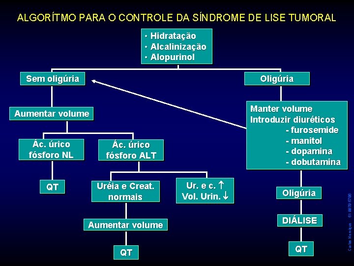 ALGORÍTMO PARA O CONTROLE DA SÍNDROME DE LISE TUMORAL • Hidratação • Alcalinização •