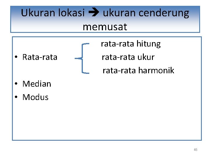 Ukuran lokasi ukuran cenderung memusat • Rata-rata-rata hitung rata-rata ukur rata-rata harmonik • Median