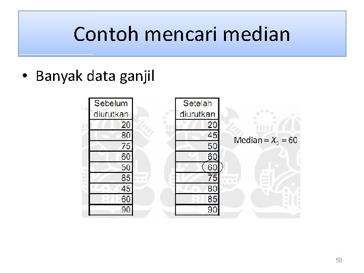 Contoh mencari median • Banyak data ganjil 58 