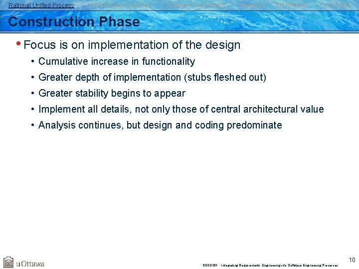 Rational Unified Process Agile Methods Overview Extreme Programming Practices XP Process Conclusion Construction Phase