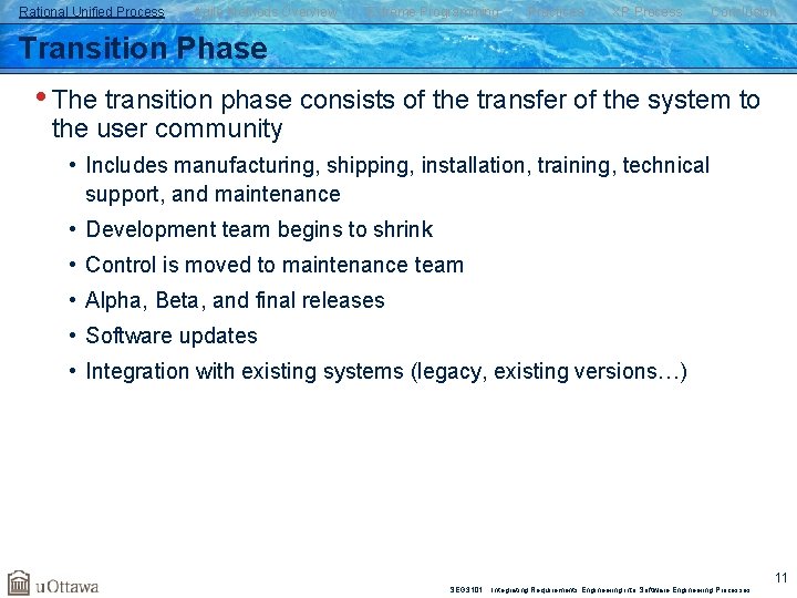 Rational Unified Process Agile Methods Overview Extreme Programming Practices XP Process Conclusion Transition Phase