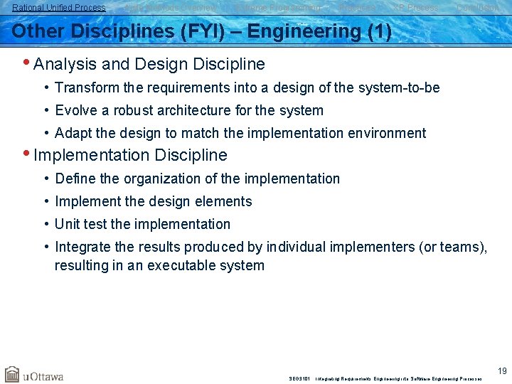 Rational Unified Process Agile Methods Overview Extreme Programming Practices XP Process Conclusion Other Disciplines