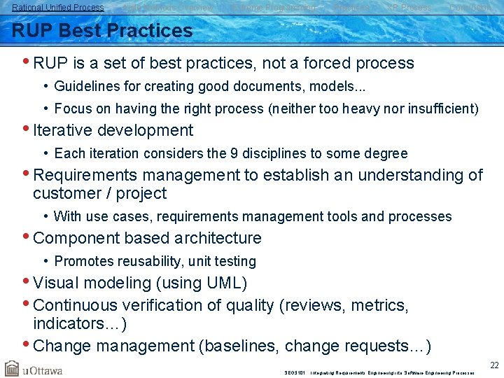 Rational Unified Process Agile Methods Overview Extreme Programming Practices XP Process Conclusion RUP Best