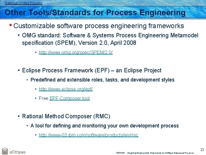 Rational Unified Process Agile Methods Overview Extreme Programming Practices XP Process Conclusion Other Tools/Standards