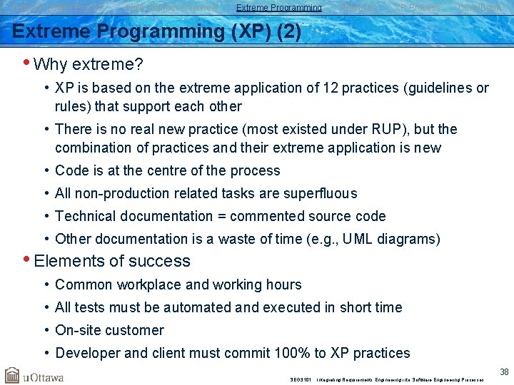 Rational Unified Process Agile Methods Overview Extreme Programming Practices XP Process Conclusion Extreme Programming