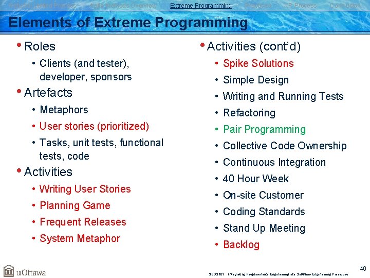 Rational Unified Process Agile Methods Overview Extreme Programming Practices XP Process Conclusion Elements of