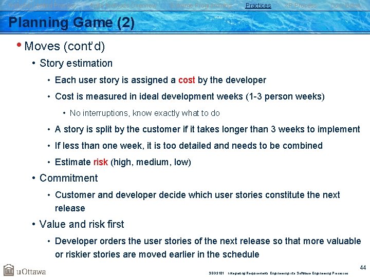 Rational Unified Process Agile Methods Overview Extreme Programming Practices XP Process Conclusion Planning Game