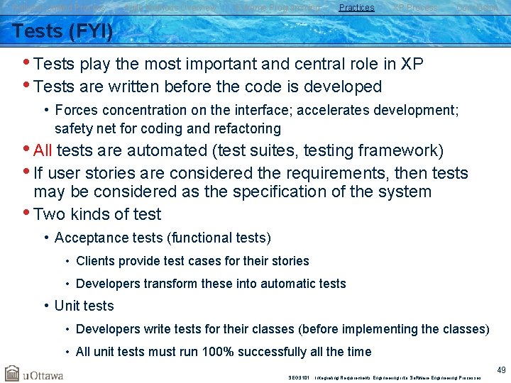 Rational Unified Process Agile Methods Overview Extreme Programming Practices XP Process Conclusion Tests (FYI)