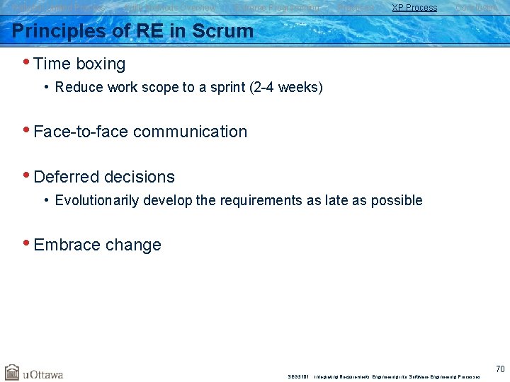 Rational Unified Process Agile Methods Overview Extreme Programming Practices XP Process Conclusion Principles of