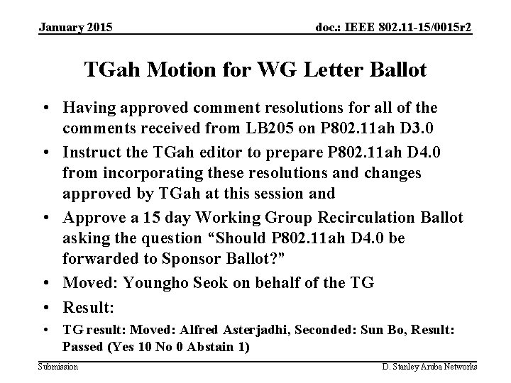 January 2015 doc. : IEEE 802. 11 -15/0015 r 2 TGah Motion for WG