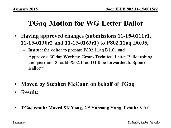 January 2015 doc. : IEEE 802. 11 -15/0015 r 2 TGaq Motion for WG