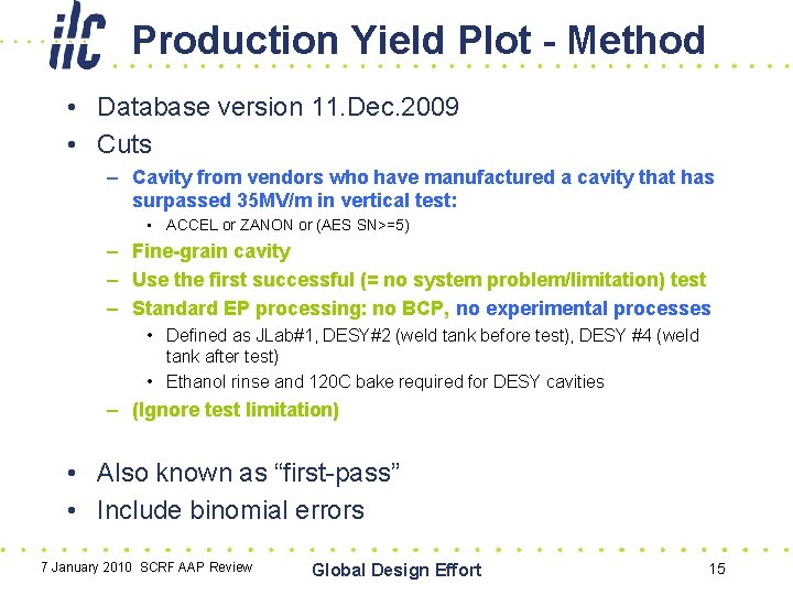 Production Yield Plot - Method • Database version 11. Dec. 2009 • Cuts –