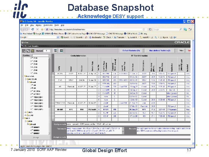 Database Snapshot Acknowledge DESY support 7 January 2010 SCRF AAP Review Global Design Effort