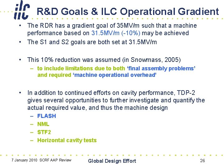 R&D Goals & ILC Operational Gradient • The RDR has a gradient goal of