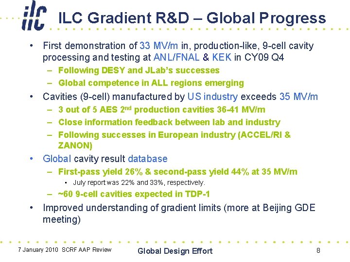 ILC Gradient R&D – Global Progress • First demonstration of 33 MV/m in, production-like,