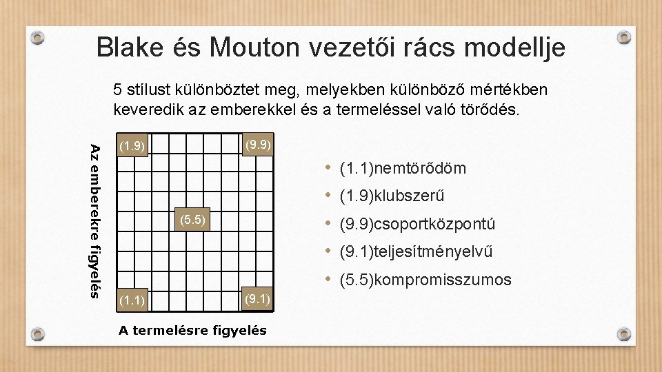 Blake és Mouton vezetői rács modellje 5 stílust különböztet meg, melyekben különböző mértékben keveredik