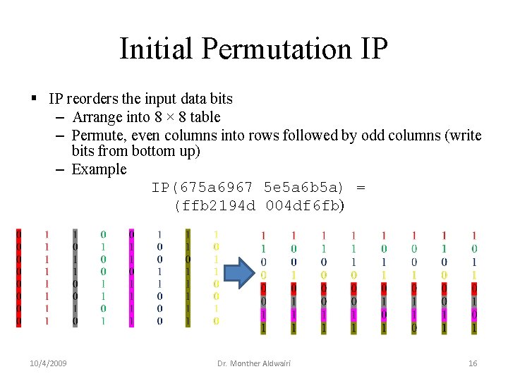 Initial Permutation IP § IP reorders the input data bits – Arrange into 8 Initial Permutation IP § IP reorders the input data bits – Arrange into 8