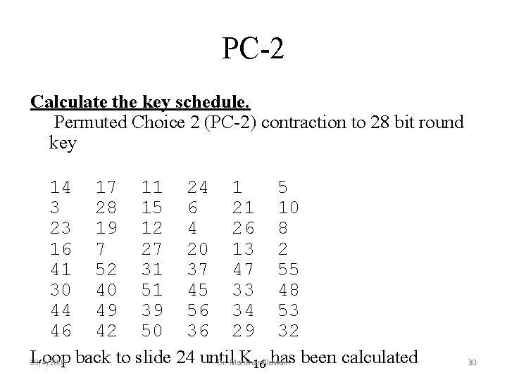 PC-2 Calculate the key schedule. Permuted Choice 2 (PC-2) contraction to 28 bit round PC-2 Calculate the key schedule. Permuted Choice 2 (PC-2) contraction to 28 bit round