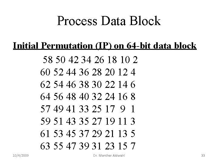 Process Data Block Initial Permutation (IP) on 64 -bit data block 58 50 42 Process Data Block Initial Permutation (IP) on 64 -bit data block 58 50 42