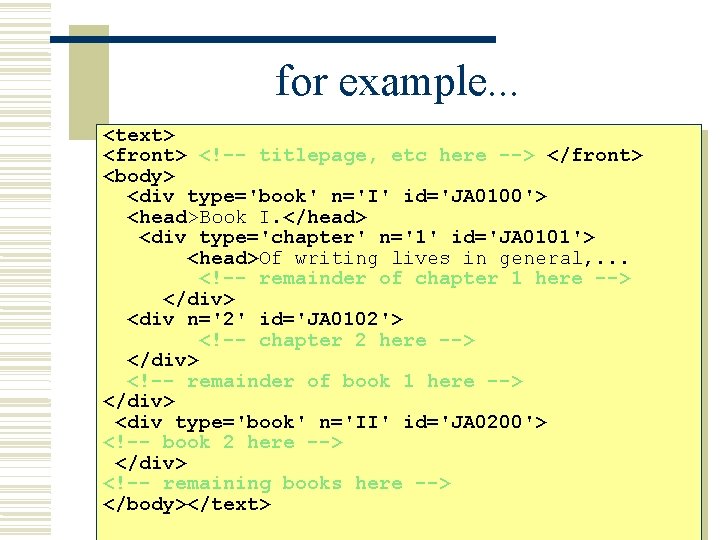 for example. . . <text> <front> <!-- titlepage, etc here --> </front> <body> <div