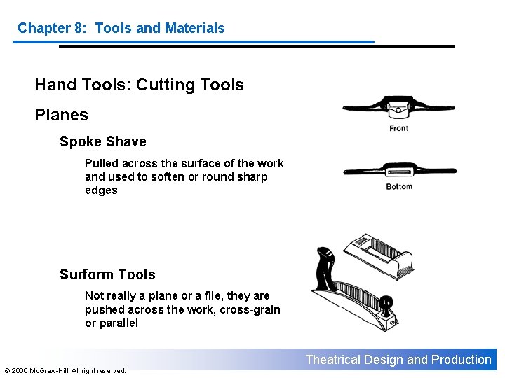 Chapter 8: Tools and Materials Hand Tools: Cutting Tools Planes Spoke Shave Pulled across